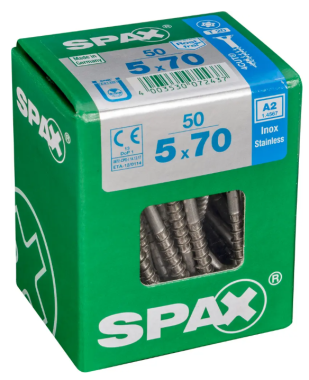 SPAX Edelstahlschraube, 5 x 70 mm, 50 Stück, Teilgewinde, Senkkopf, T-STAR plus T20, 4CUT, Edelstahl rostfrei A2, 4197000500707